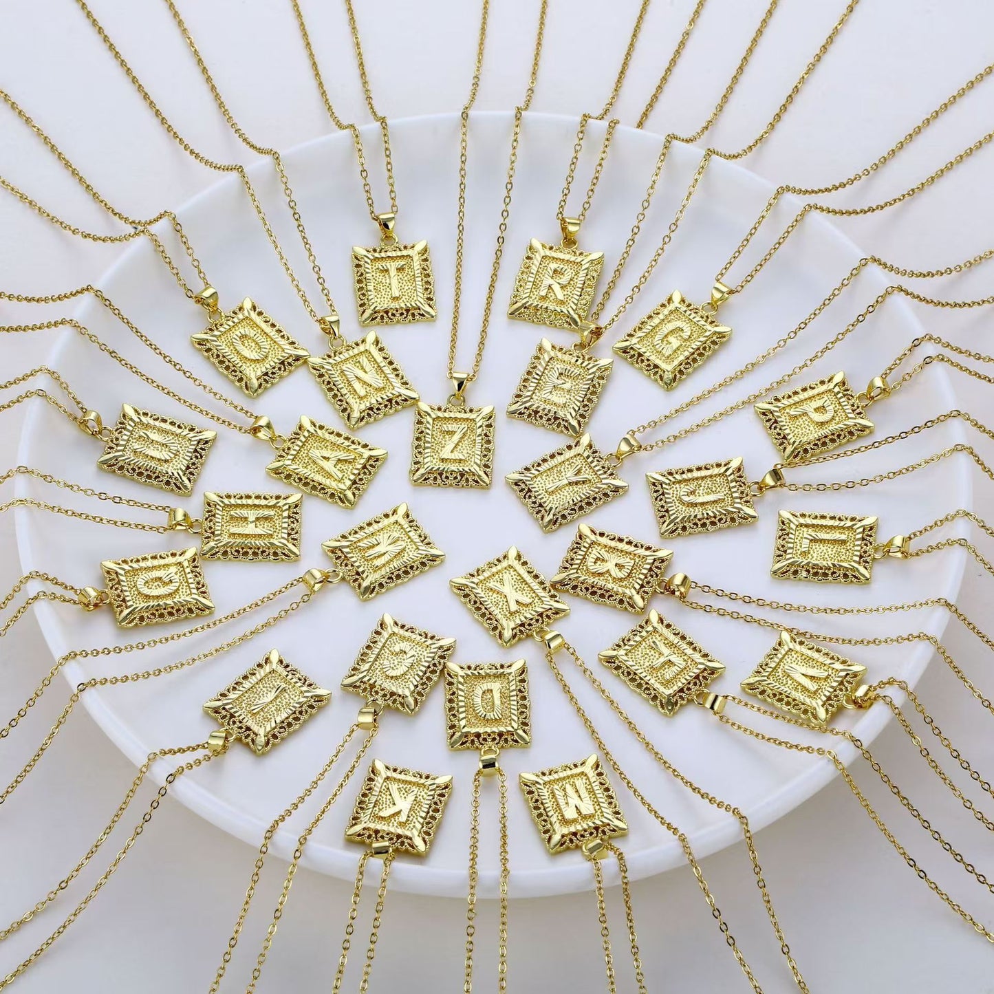 14K Gold Plated Square Letter Capital Necklace Alphabets from A-Z Figaro Chain Necklace