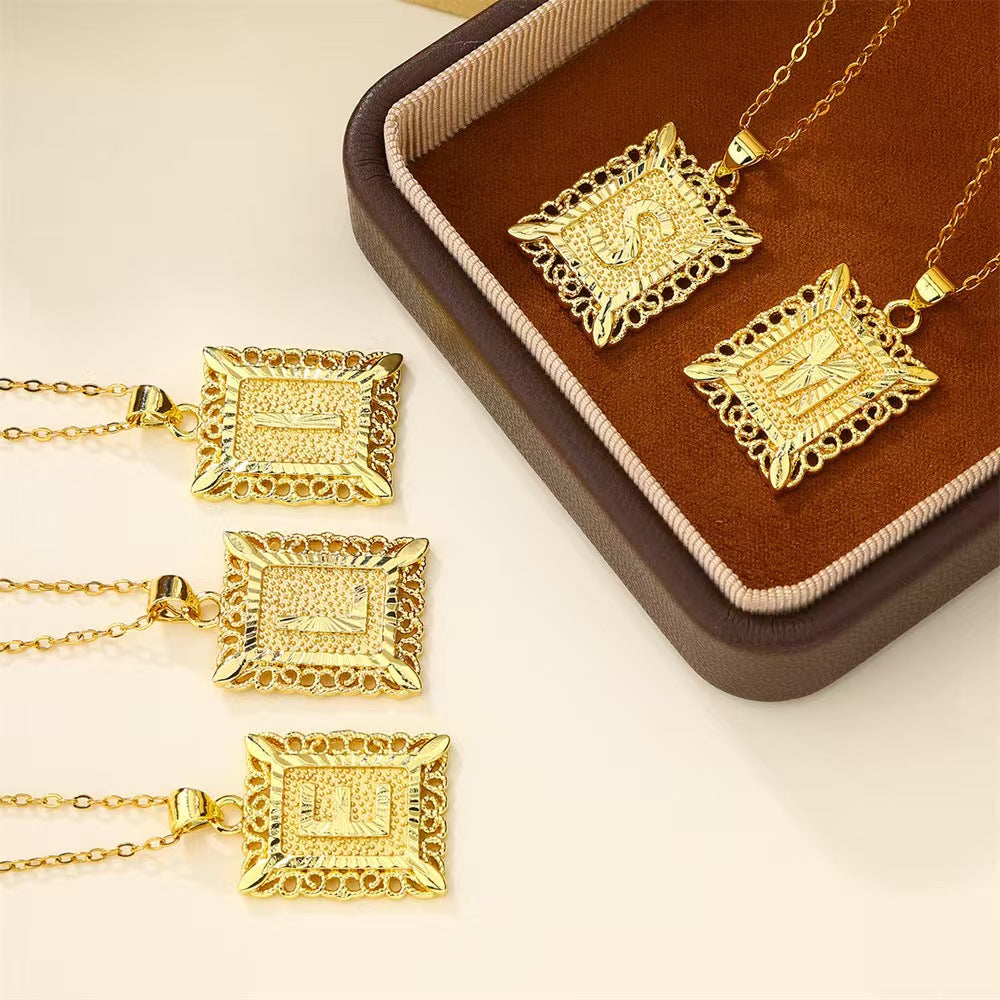 14K Gold Plated Square Letter Capital Necklace Alphabets from A-Z Figaro Chain Necklace